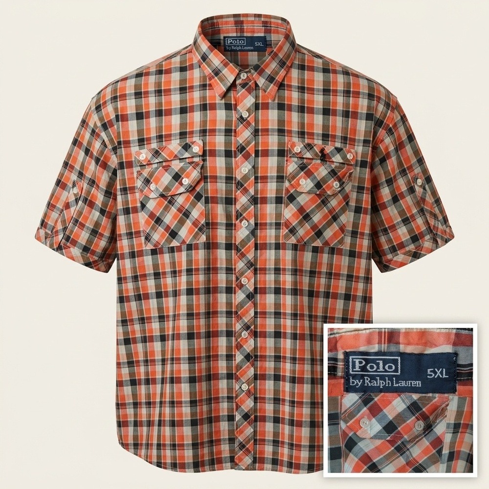 Polo Ralph Lauren Short Sleeve Plaid Shirt Mens 5XL Orange Black White Button Up